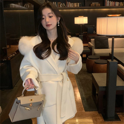 雪后25秋冬新款狐狸毛领连帽高级双面羊绒大衣中长款羊毛呢外套女