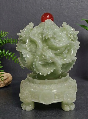 青白玉龙纹鼎可旋转招财镇宅摆件