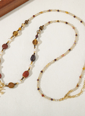 天然石串珠不锈钢项链美拉德虎眼石高级感不掉色叠戴长毛衣链秋冬