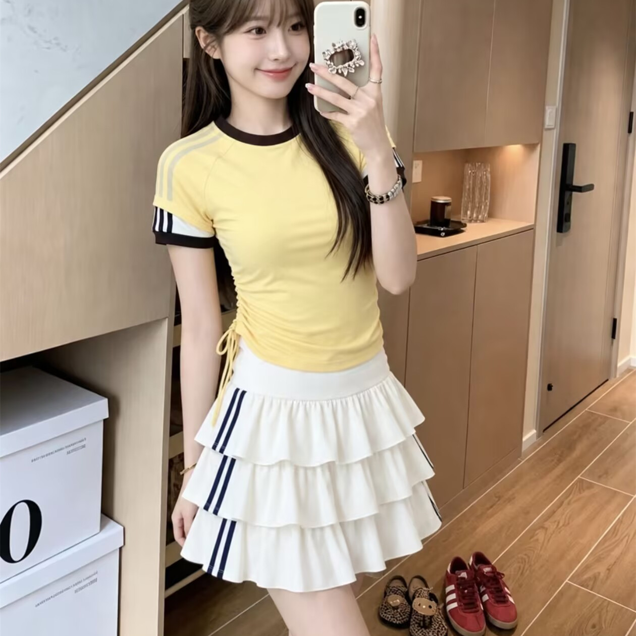 宋雨琦同款假两件三杠T恤女