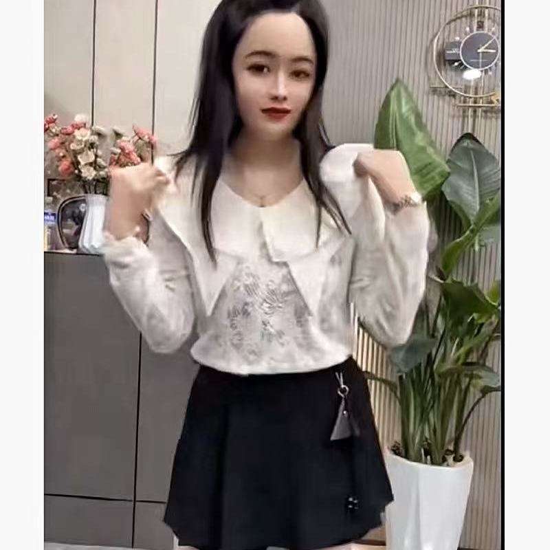 欧货蕾丝植绒长袖打底衫女秋冬新款设计感双层荷叶领减龄百搭小衫