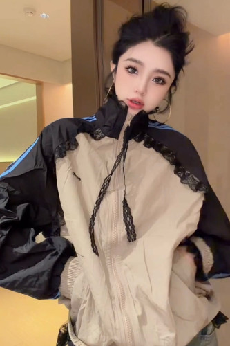 高级感拼接蕾丝撞色薄款防晒外套女2026春夏拉链开衫上衣潮