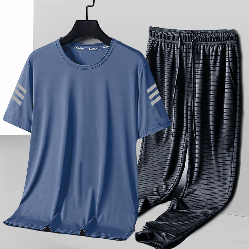 【冰丝套装】夏季男士速干运动短袖T恤青年百搭冰丝裤宽松上衣