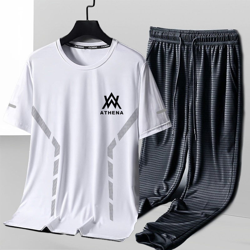 【冰丝套装】夏季男士速干运动短袖T恤青年百搭冰丝裤宽松上衣