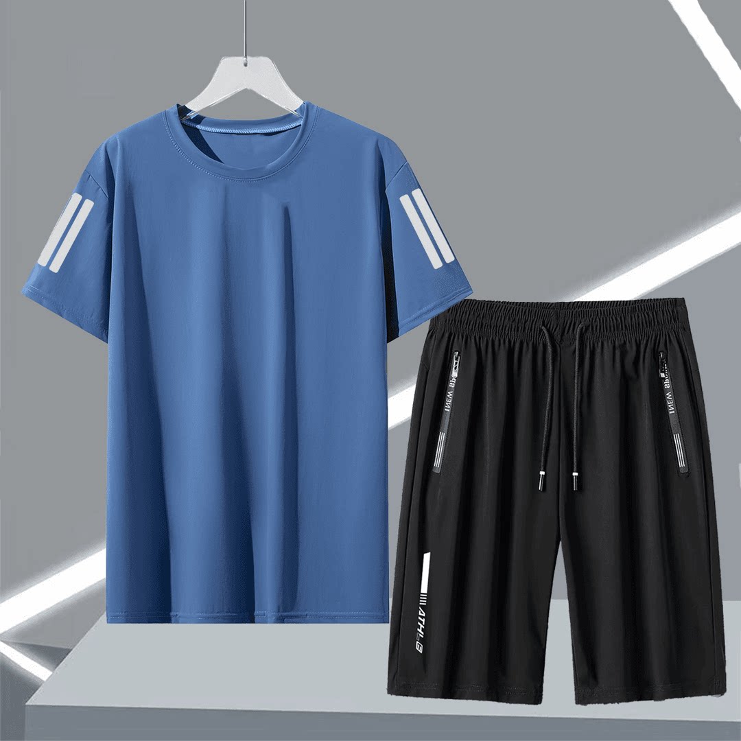 冰感速干运动套装男夏季薄款跑步健身高弹男士冰丝锦纶短袖长裤