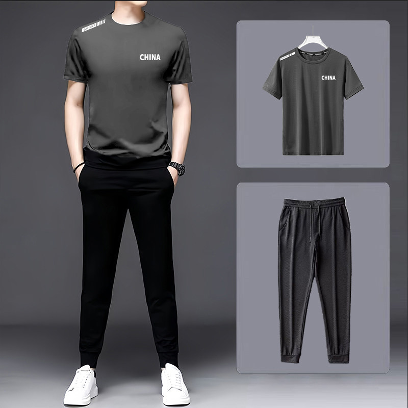 冰丝休闲运动套装男夏季男士户外圆领短袖薄款弹力透气两件套