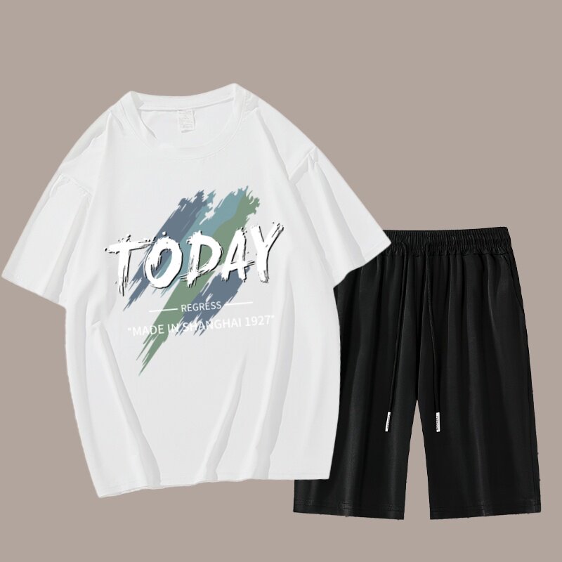 速干运动套装男夏季潮流宽松冰丝短袖t恤休闲五分裤短裤两件套