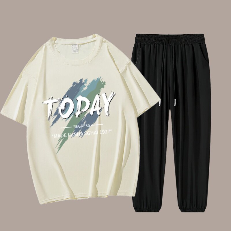 速干运动套装男夏季潮流宽松冰丝短袖t恤休闲九分裤长裤两件套