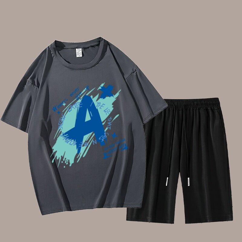 二件套冰丝运动套装男士夏季薄款短袖T恤跑步速干弹力休闲短裤