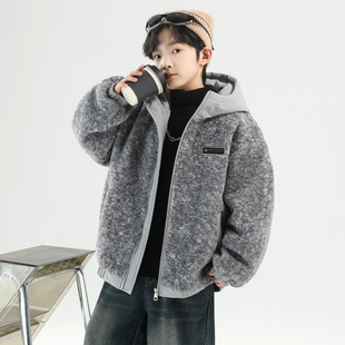 男童毛毛衣外套加绒加厚冬季连帽夹克洋气宽松中大童男孩冬季上衣