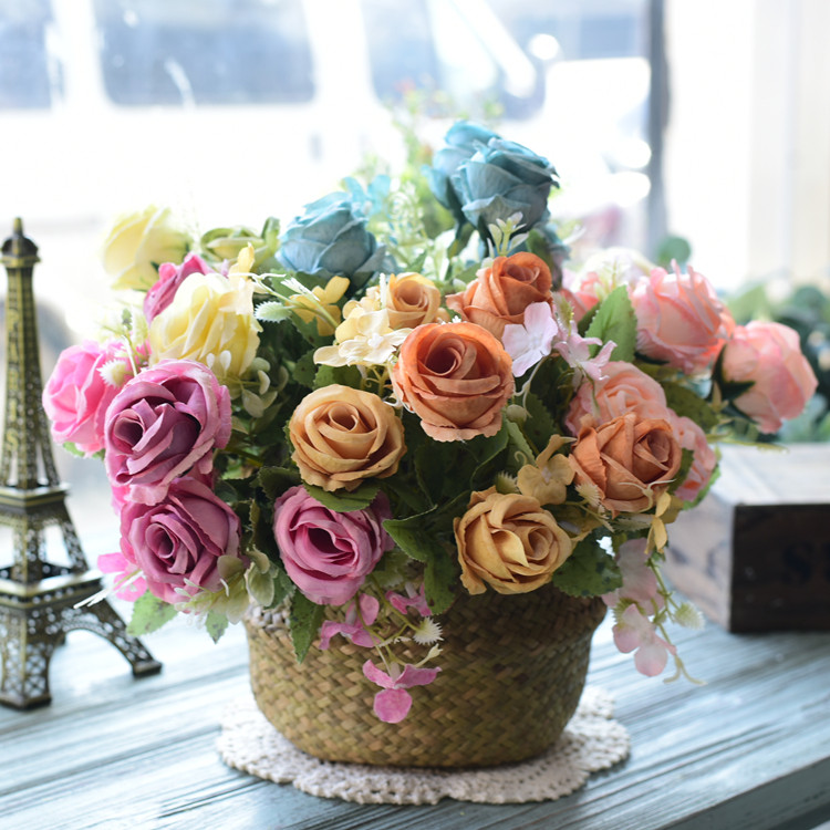 美式仿真玫瑰花束假花客厅摆设餐桌装饰花艺套装摆件插花干花
