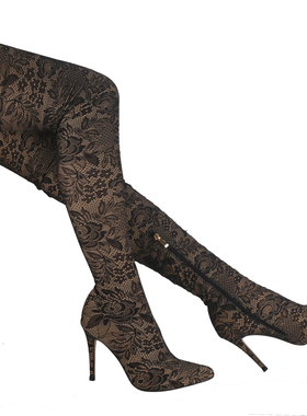 定制款优雅女人味蕾丝 尖头细跟长筒靴 过膝瘦腿弹力长靴34-44码