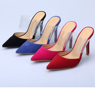 原单时尚外贸新品 性感尖头透明拼色包脚背后空细高跟凉拖34-44