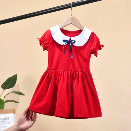 女童红色连衣裙夏装半袖新款女宝宝超洋气短裙子女孩娃娃领公主裙