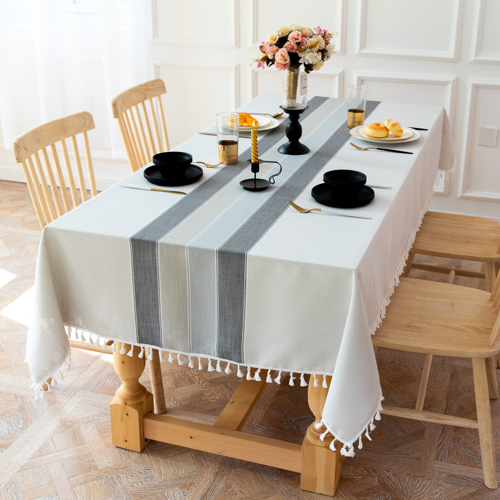 現代簡約布藝條紋桌布聚會派對拼接流蘇防塵餐桌墊裝飾桌套家用