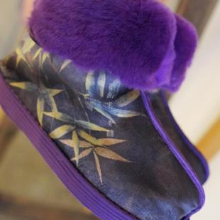 冬棉窝窝 香云纱工艺紫竹 纯羊毛一体靴   纯手工千层底保暖布鞋