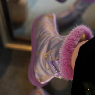 手工布鞋 冬纯羊毛皮毛一体棉鞋 高雅韵味 淡紫色 青囍月下芙蕖