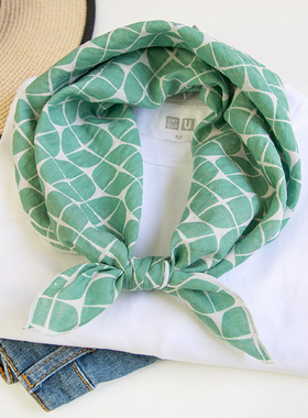春秋清新绿色方格棉方巾亲子透气丝巾装饰发带发箍围巾法式田园女