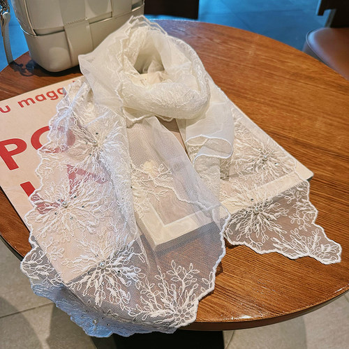 百搭蕾丝纱巾带钻优雅丝巾女