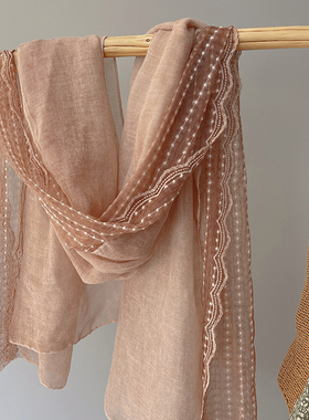 春秋款百搭棉麻手感蕾丝拼接纱巾丝巾加大版扎染刺绣大围巾披肩女