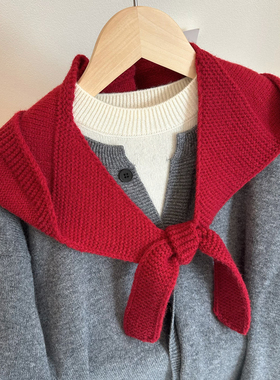 韩版百搭红色针织围巾帽子一体秋冬保暖护颈针织帽子围巾披肩两用