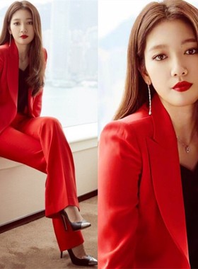 大红色西装套装女韩版时尚气质女神范职业正装OL西服显瘦两件套潮