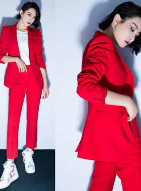 红色OL职业套装女韩版显瘦时尚帅气西装小外套西服裤两件套新款潮