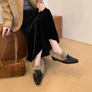 温柔风兔毛毛乐福鞋女平底内增高方头一脚蹬保暖豆豆鞋懒人棉单鞋