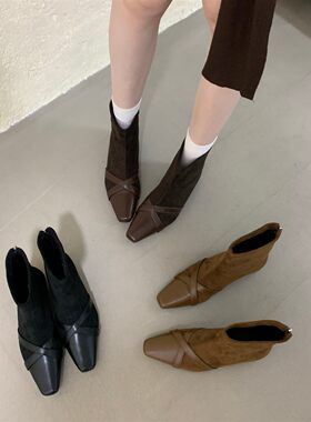 韩版方头弹力靴拼接真皮短