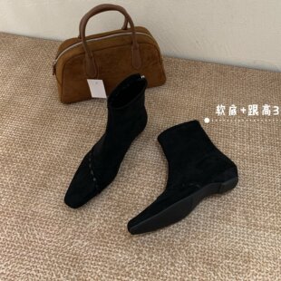 法式复古风方头短靴女冬季绒面瘦瘦靴百搭弹力靴粗低跟编织时装靴