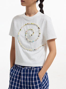 CONP 25SS “海滩回声”旋涡手缝串石海螺织带彩点提花短袖