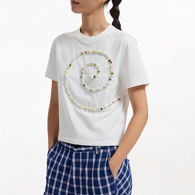 CONP 25SS “海滩回声”旋涡手缝串石海螺织带彩点提花短袖