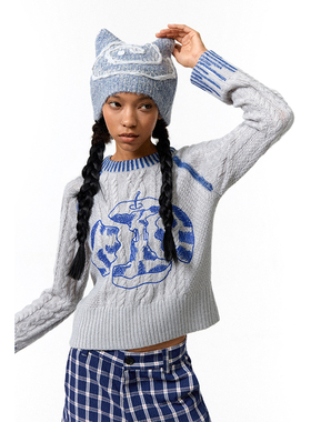 CONP 24AW 破碎的苹果毛衣 灰蓝撞色立体麻花纹合身针织上衣