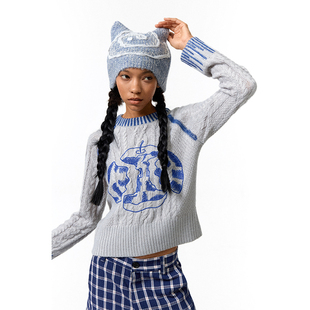 苹果毛衣 破碎 灰蓝撞色立体麻花纹合身针织上衣 24AW CONP