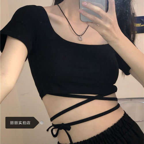 短袖性感高腰薄款绑带棉女超短款