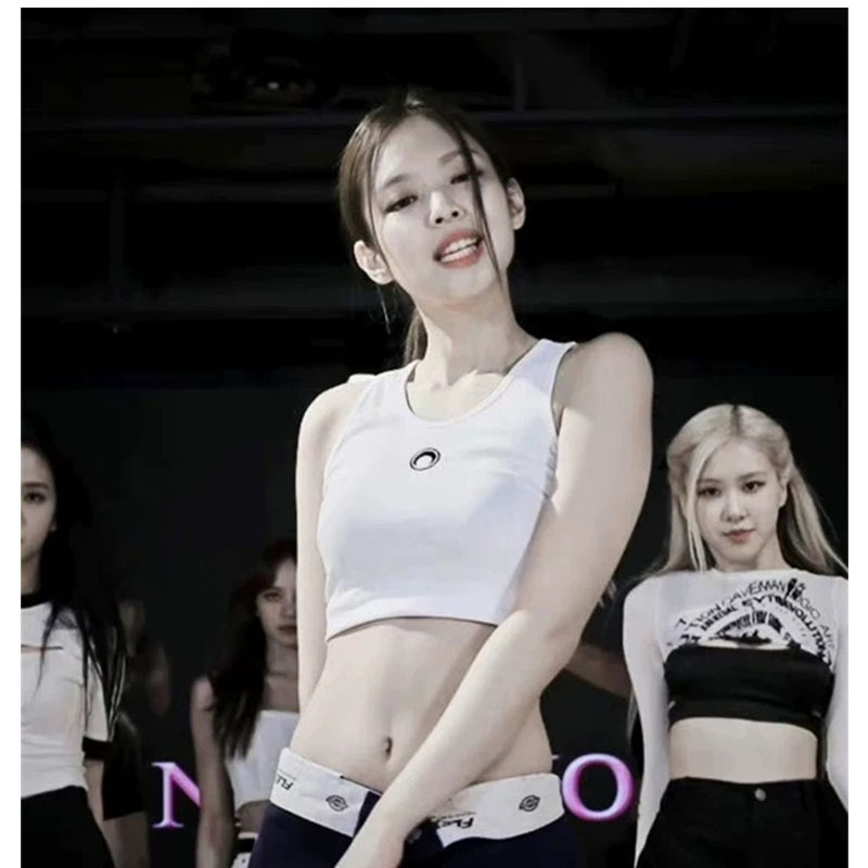 JENNIE金智妮同款白色月牙背心 性感紧身内搭T恤短款jazz舞蹈上衣