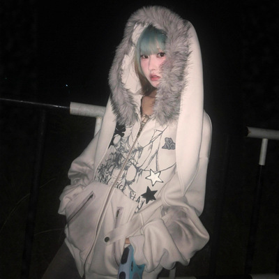 毛领兔耳朵卫衣外套女亚