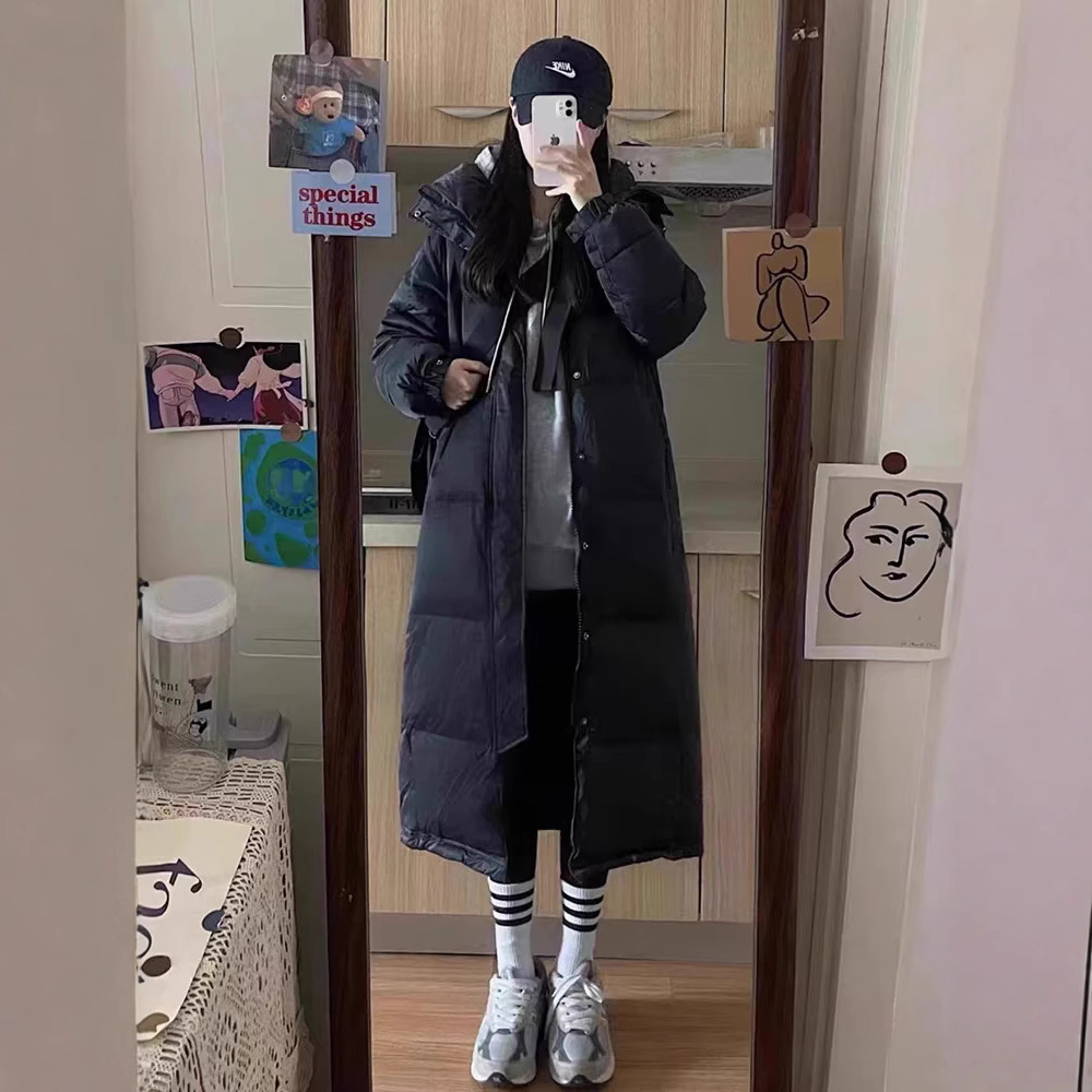黑色中戏羽绒服女长款长