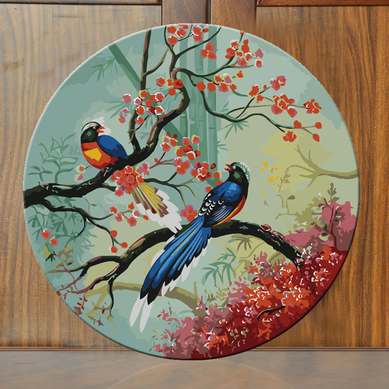 diy/数字油画新中式现代简约客厅玄关圆形装饰画创意家居喜上眉梢