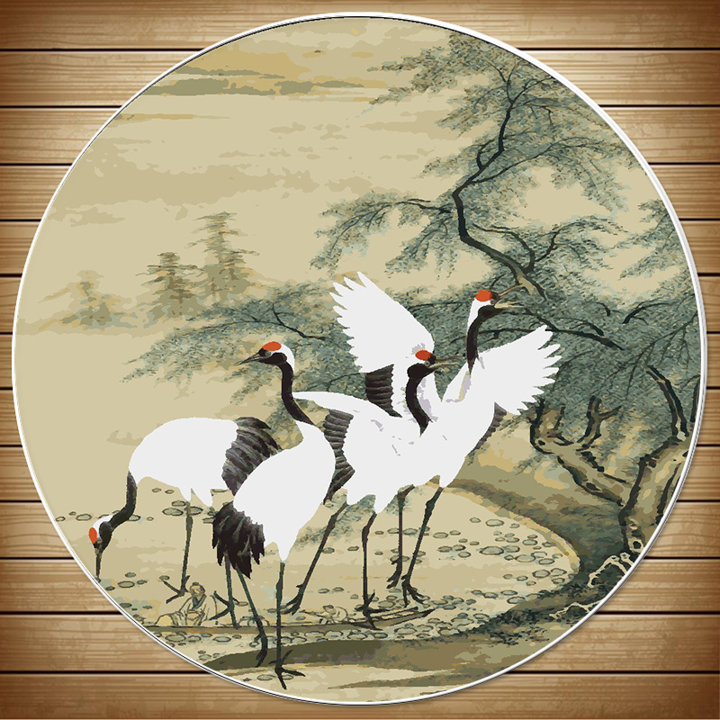 DIY/数字油画圆形花鸟玄关手绘填色丹顶鹤客厅卧室装饰画挂画包邮图片