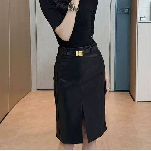 PU前中开叉皮裙女中裙秋