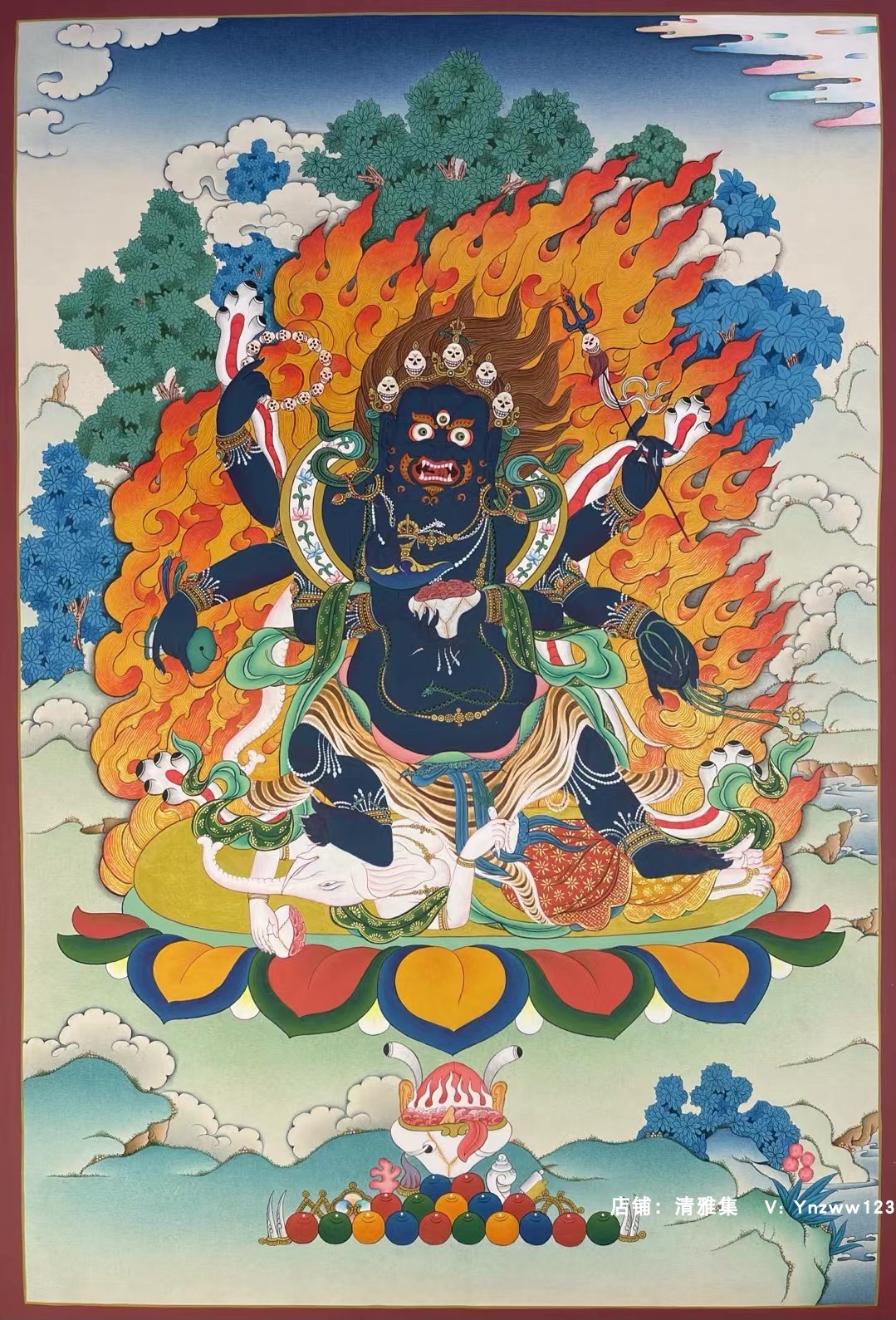 收藏级嘎玛噶孜大黑天六臂玛哈嘎拉尼泊尔纯手绘藏族手工唐卡挂画