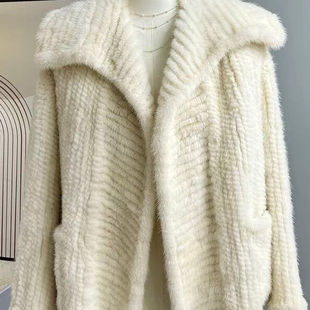 新款进口水貂毛编织皮草外套女宽松海军领中长款天鹅绒貂皮大衣