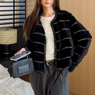 水貂毛小香风皮草外套女短款冬季新款气质名媛风轻奢双面编织开衫