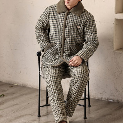 多拉美家居服男士冬季加绒梭织格子夹棉睡衣纯棉套装保暖2452322