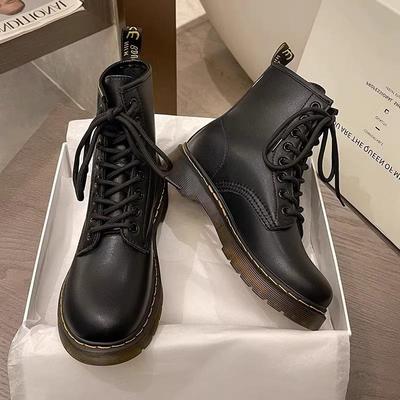 真皮马丁靴黑色圆头系带