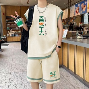背心五分短裤 一套搭配帅气假两件无袖 两件套 男装 潮牌休闲运动套装