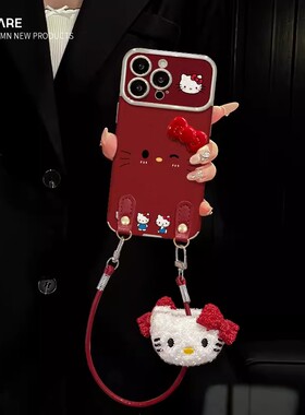 红色猫咪蝴蝶结适用苹果17promax手机壳大视窗羊皮iphone16pro电镀新款彩绘15带挂绳14高级感女13防摔保护套