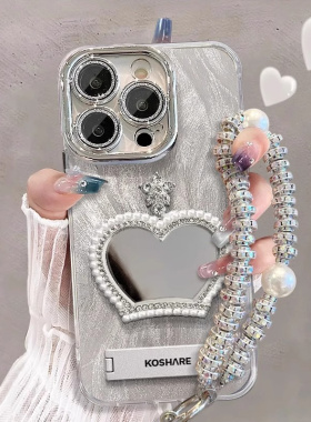 皇冠补妆镜适用iphone17promax手机壳羽纱新款苹果16PM女神气质15彩绘14全包镜头13支架创意17pro防摔保护套