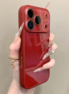肤感软边玻璃壳适用苹果17promax手机壳红色新款iphone16pro自带镜头膜15情侣简约14高级感13全包防摔保护套